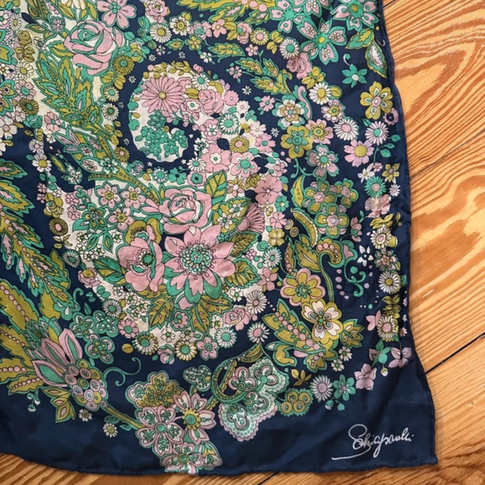 Vintage Schiaparelli floral scarf green designer silk paisley